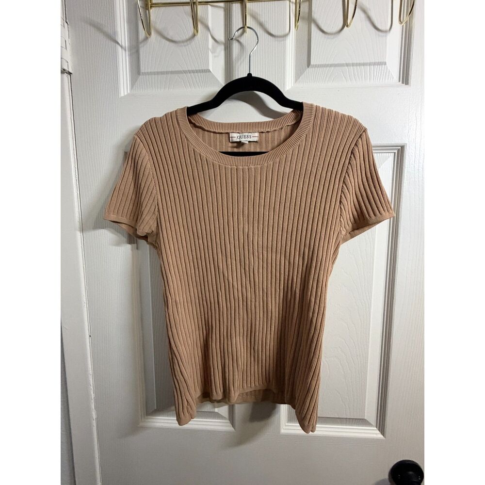 GUESS Tan Ribbed Knit Short Sleeve Top Size Large